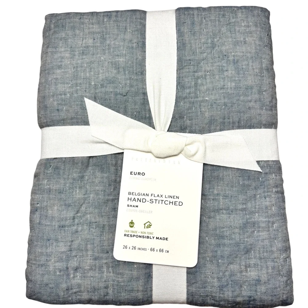 Pottery Barn Belgian Flax Linen Hand-Stitched Euro Sham Chambray Blue 26x26 NEW